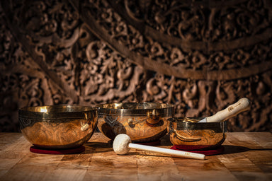Engraved Singing Bowl Set - 3 Handmade Sound Healing Bowls - Special Engraved Series Singing Bowl Set