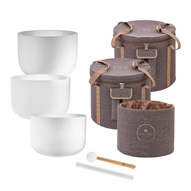 440 Hz 3 - piece Crystal Singing Bowl Set 16" C3, 14" E3, 12" G3 - 440 Hz White - Frosted Crystal Singing Bowl Set