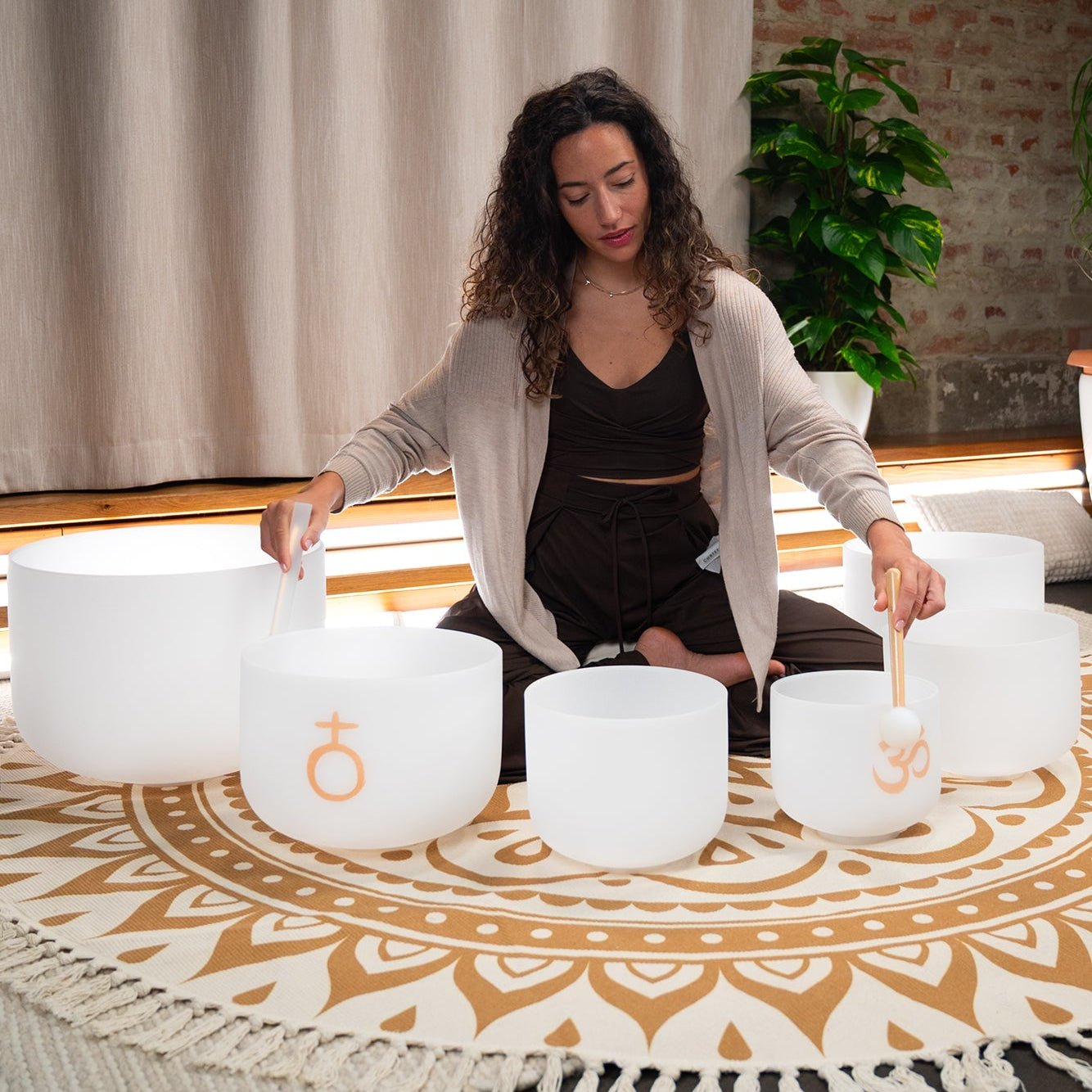 6 - piece Om Crystal Singing Bowl Set - 432 Hz White - Frosted Crystal Singing Bowl Set