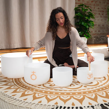 6 - piece Om Crystal Singing Bowl Set - 432 Hz White - Frosted Crystal Singing Bowl Set