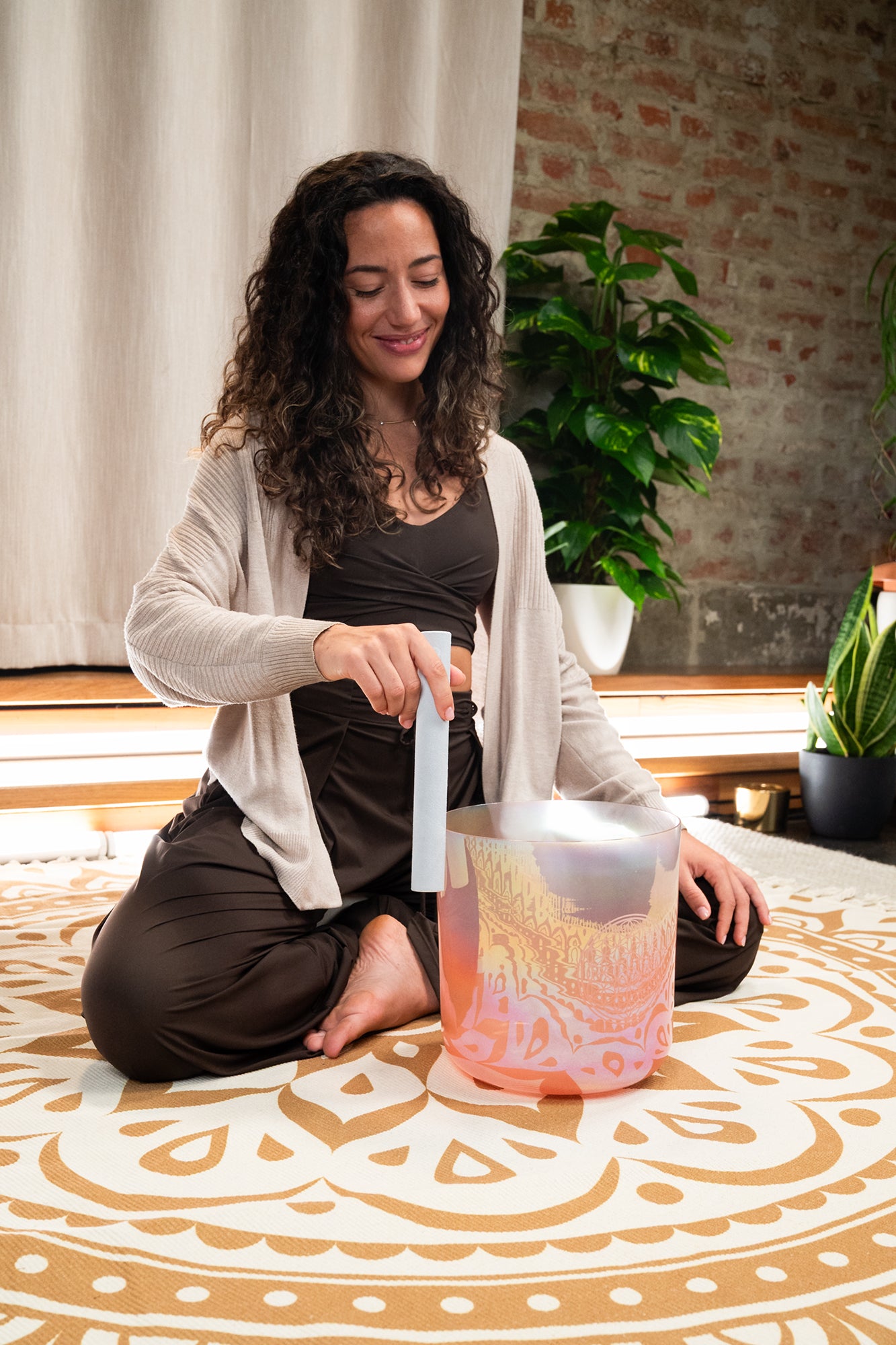 128 Hz Essence Crystal Singing Bowl / C3 - Light Rose Gold, Flower of Life - Essence Crystal Singing Bowl