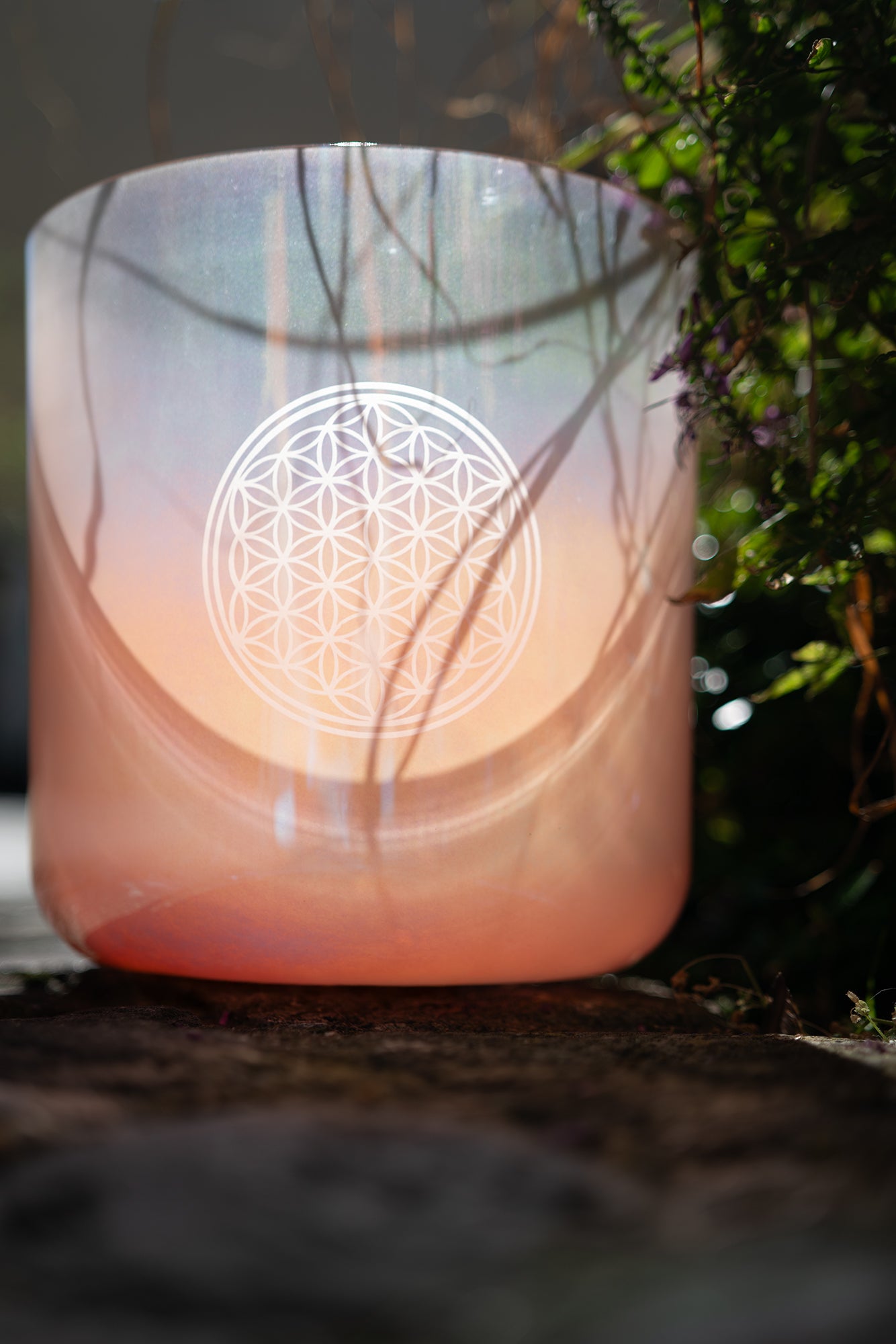 128 Hz Essence Crystal Singing Bowl / C3 - Light Rose Gold, Flower of Life - Essence Crystal Singing Bowl