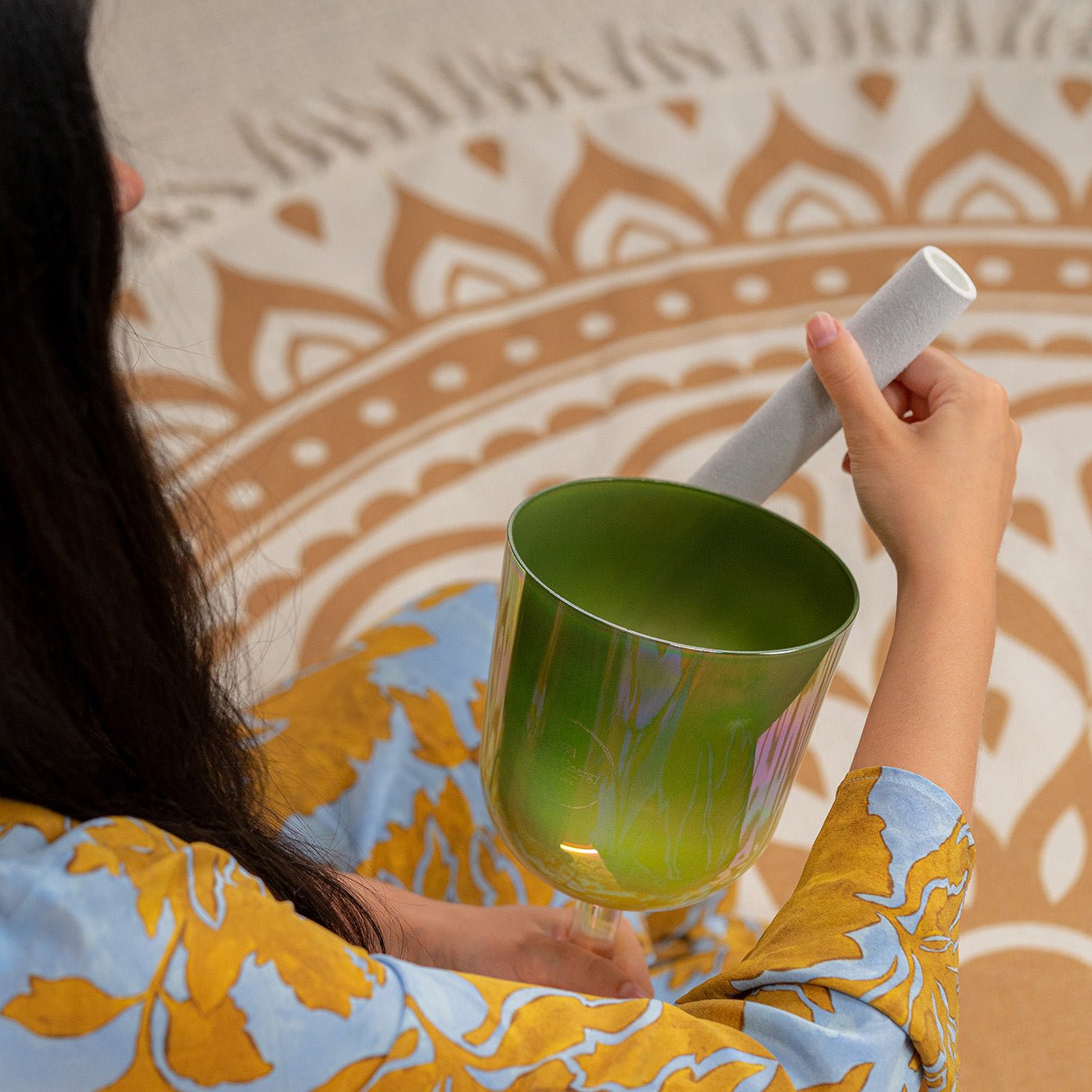 396 Hz Essence Solfeggio 5.75" Crystal Singing Bowl, G4(Ut) - Olive Green - Essence Solfeggio Crystal Singing Bowl