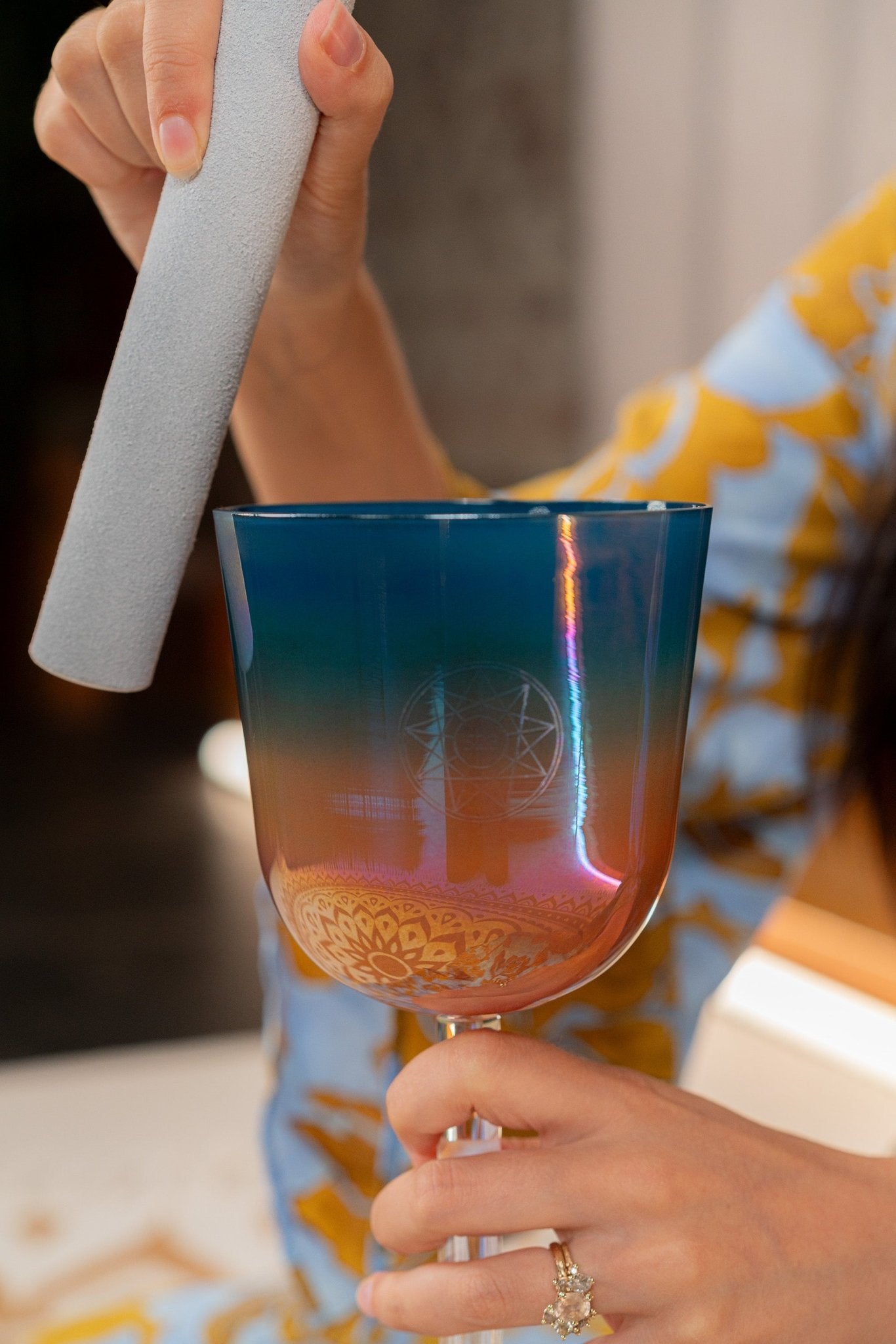 528 Hz Essence Solfeggio 4.5" Crystal Singing Bowl, C5(Mi) - Sunrise Blue - Essence Solfeggio Crystal Singing Bowl