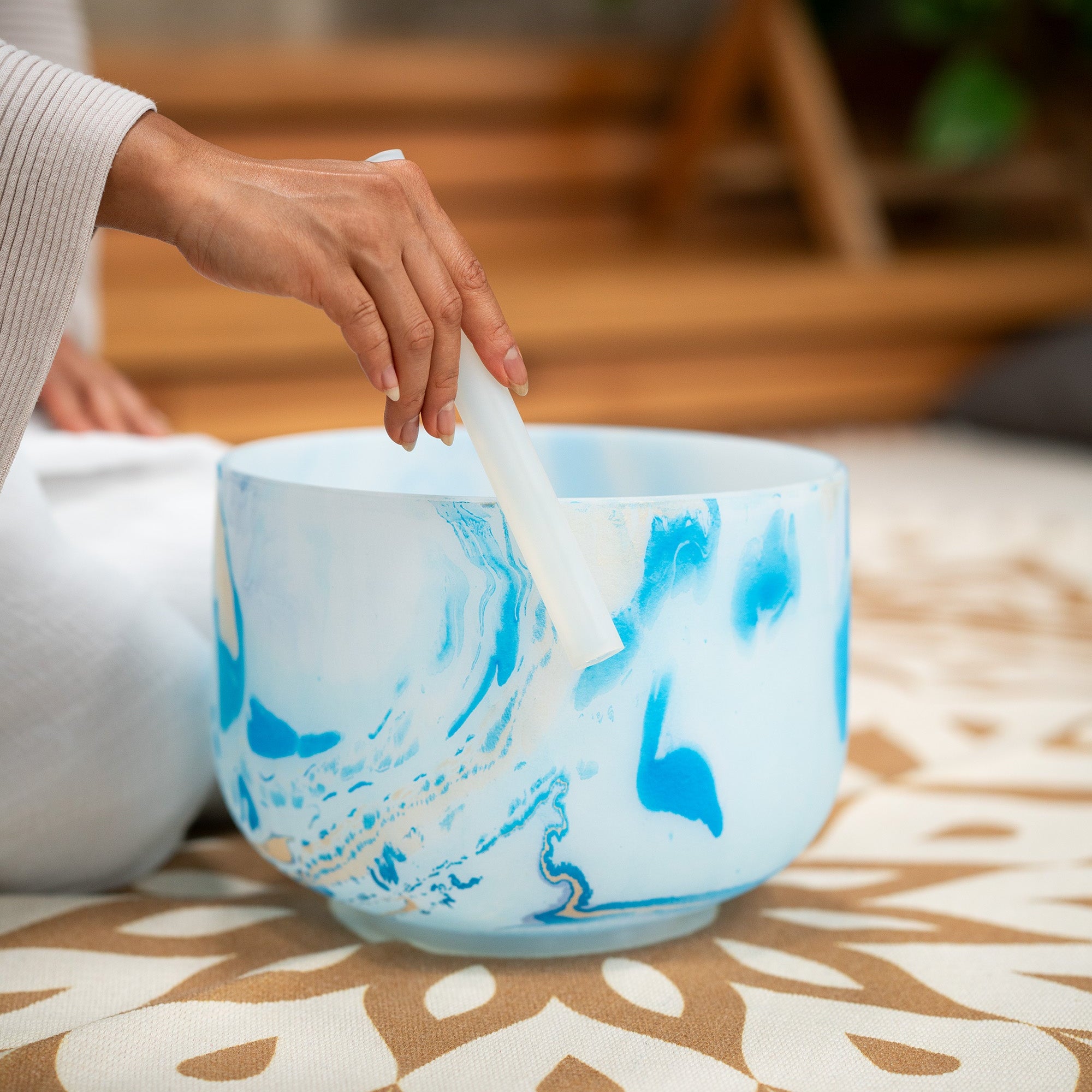 432 Hz 10" Blue Marble Crystal Singing Bowl, Note G4 Throat Chakra