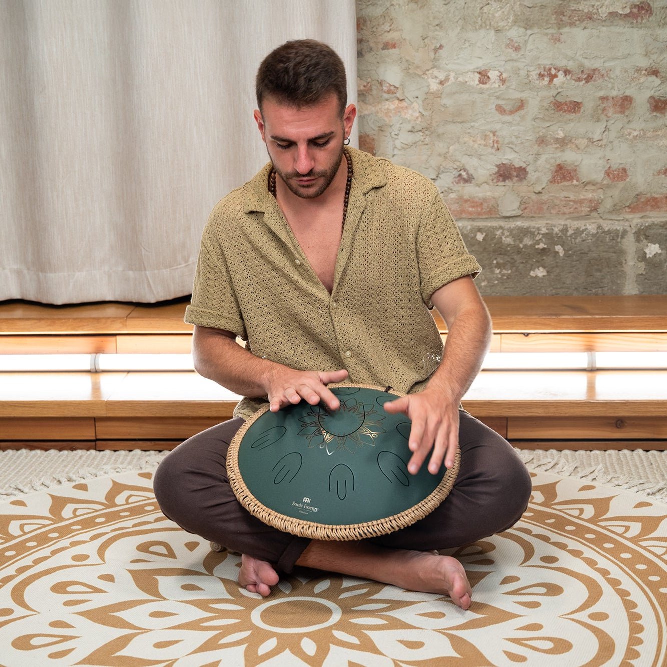 Large Octave Steel Tongue Drum, F Major, 9 Notes, Engraved Dark Green, 16" - Octave Steel Tongue Drum