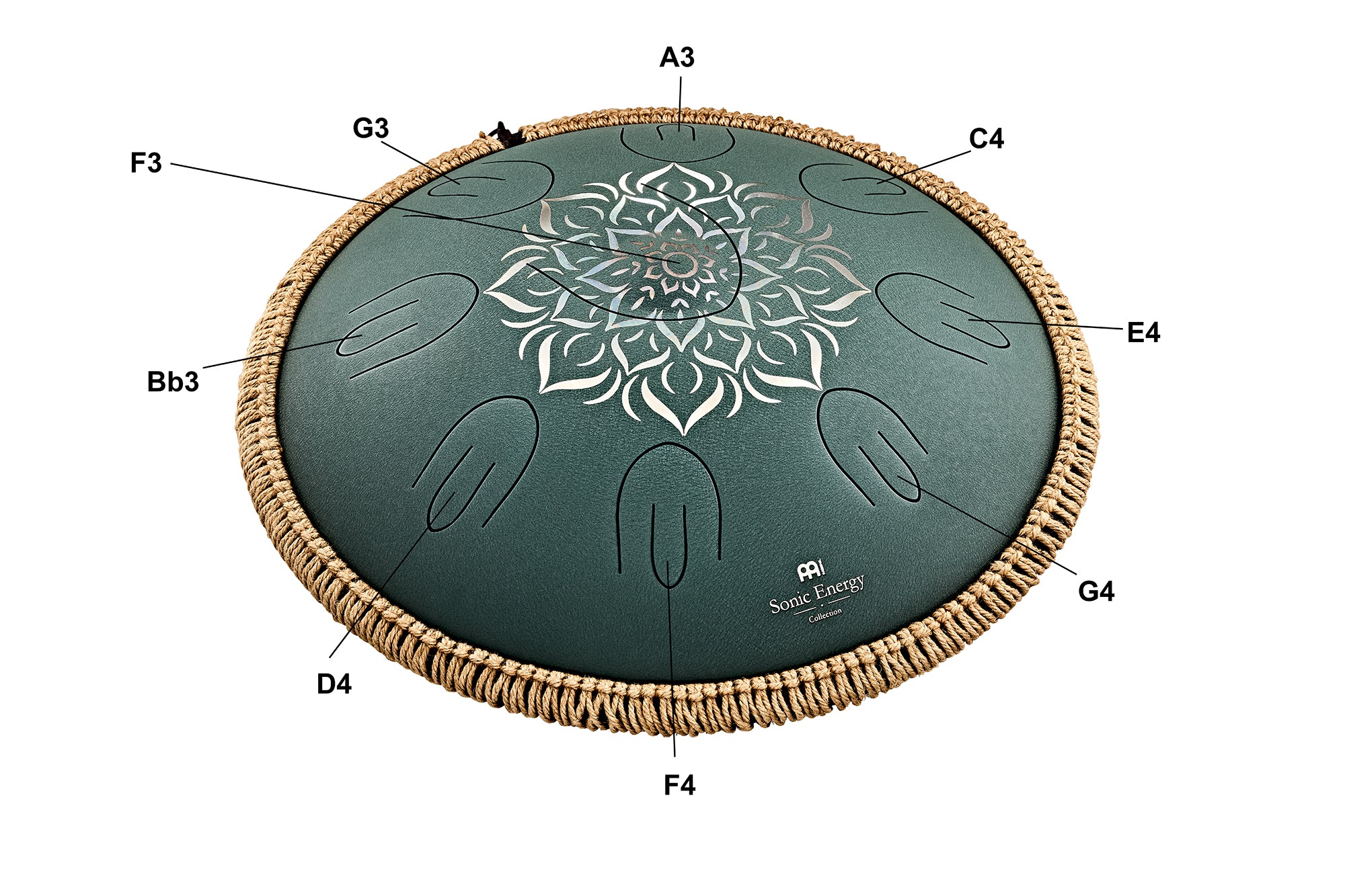 Large Octave Steel Tongue Drum, F Major, 9 Notes, Engraved Dark Green, 16" - Octave Steel Tongue Drum