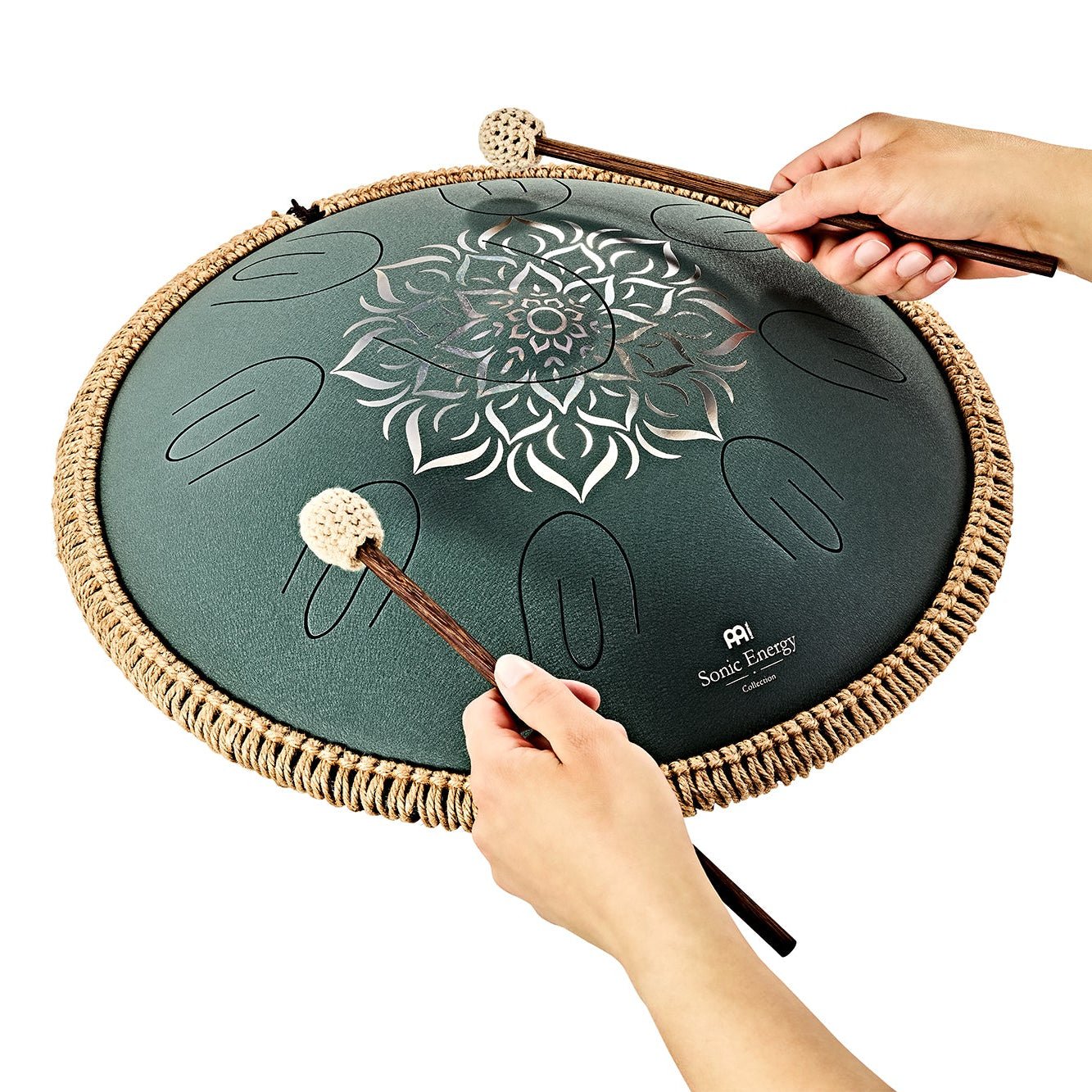Large Octave Steel Tongue Drum, F Major, 9 Notes, Engraved Dark Green, 16" - Octave Steel Tongue Drum