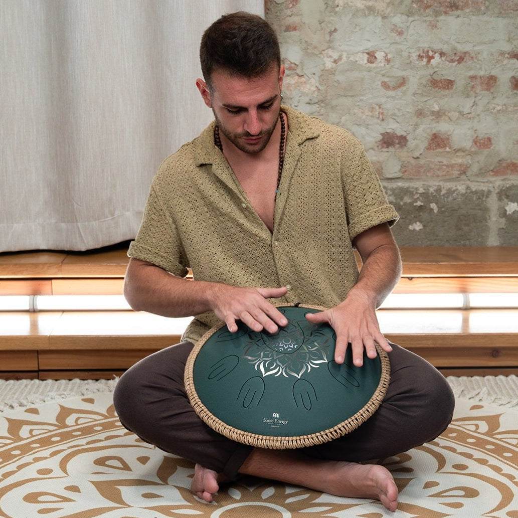Large Octave Steel Tongue Drum, F Minor, 9 Notes, Engraved Dark Green, 16" - Octave Steel Tongue Drum