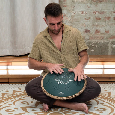 Large Octave Steel Tongue Drum, F Minor, 9 Notes, Engraved Dark Green, 16" - Octave Steel Tongue Drum