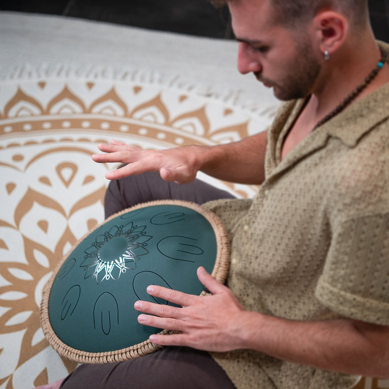 Large Octave Steel Tongue Drum, F Minor, 9 Notes, Engraved Dark Green, 16" - Octave Steel Tongue Drum