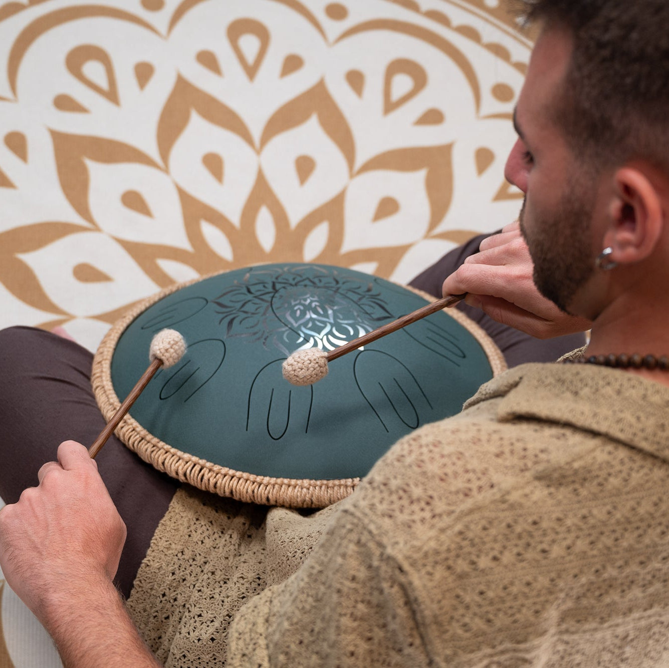 Large Octave Steel Tongue Drum, F Minor, 9 Notes, Engraved Dark Green, 16" - Octave Steel Tongue Drum