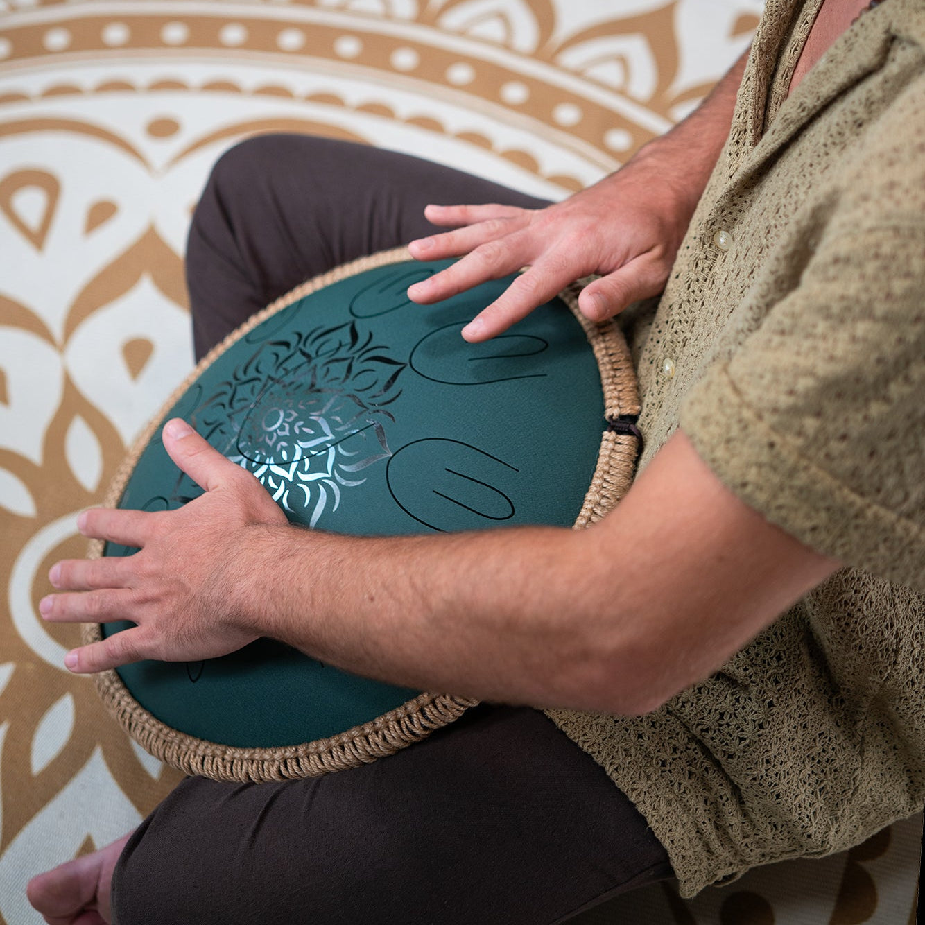 Large Octave Steel Tongue Drum, F Minor, 9 Notes, Engraved Dark Green, 16" - Octave Steel Tongue Drum