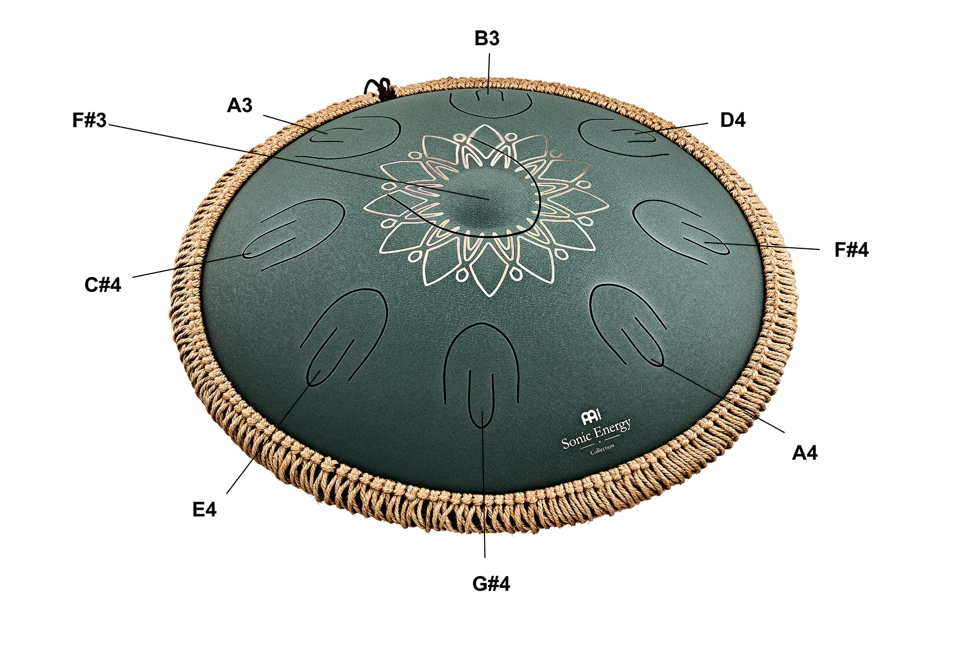 Large Octave Steel Tongue Drum, F Minor, 9 Notes, Engraved Dark Green, 16" - Octave Steel Tongue Drum