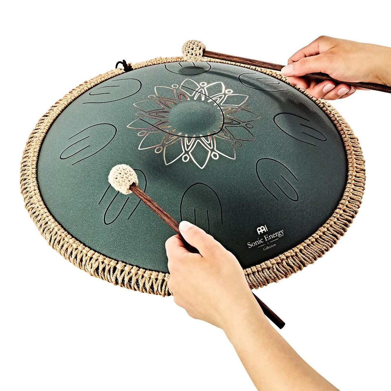 Large Octave Steel Tongue Drum, F Minor, 9 Notes, Engraved Dark Green, 16" - Octave Steel Tongue Drum