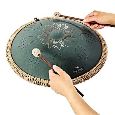Large Octave Steel Tongue Drum, F Minor, 9 Notes, Engraved Dark Green, 16" - Octave Steel Tongue Drum
