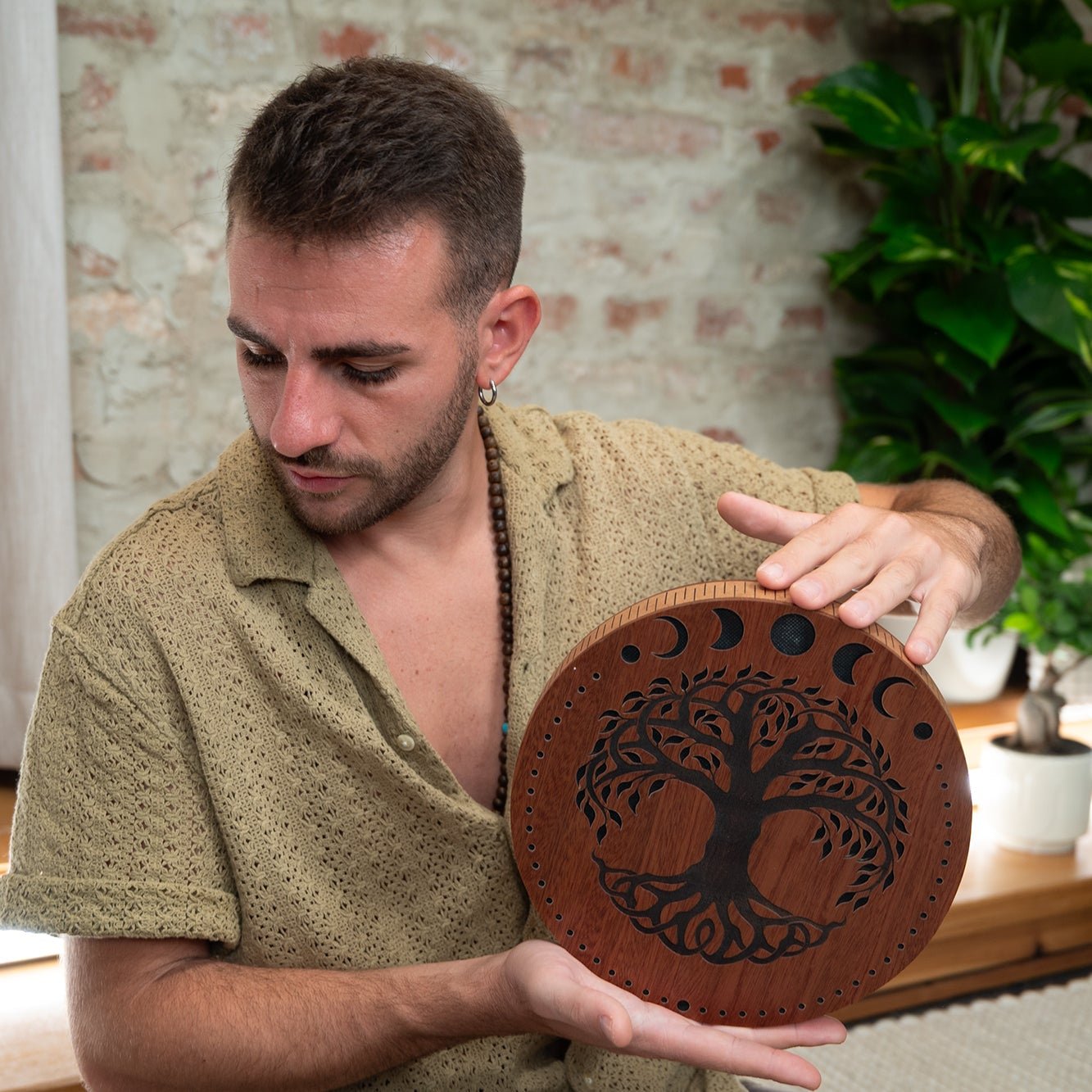 Rain Disk - Ocean Sound / Moon Phases & Tree of Life Carving - Rainmaker