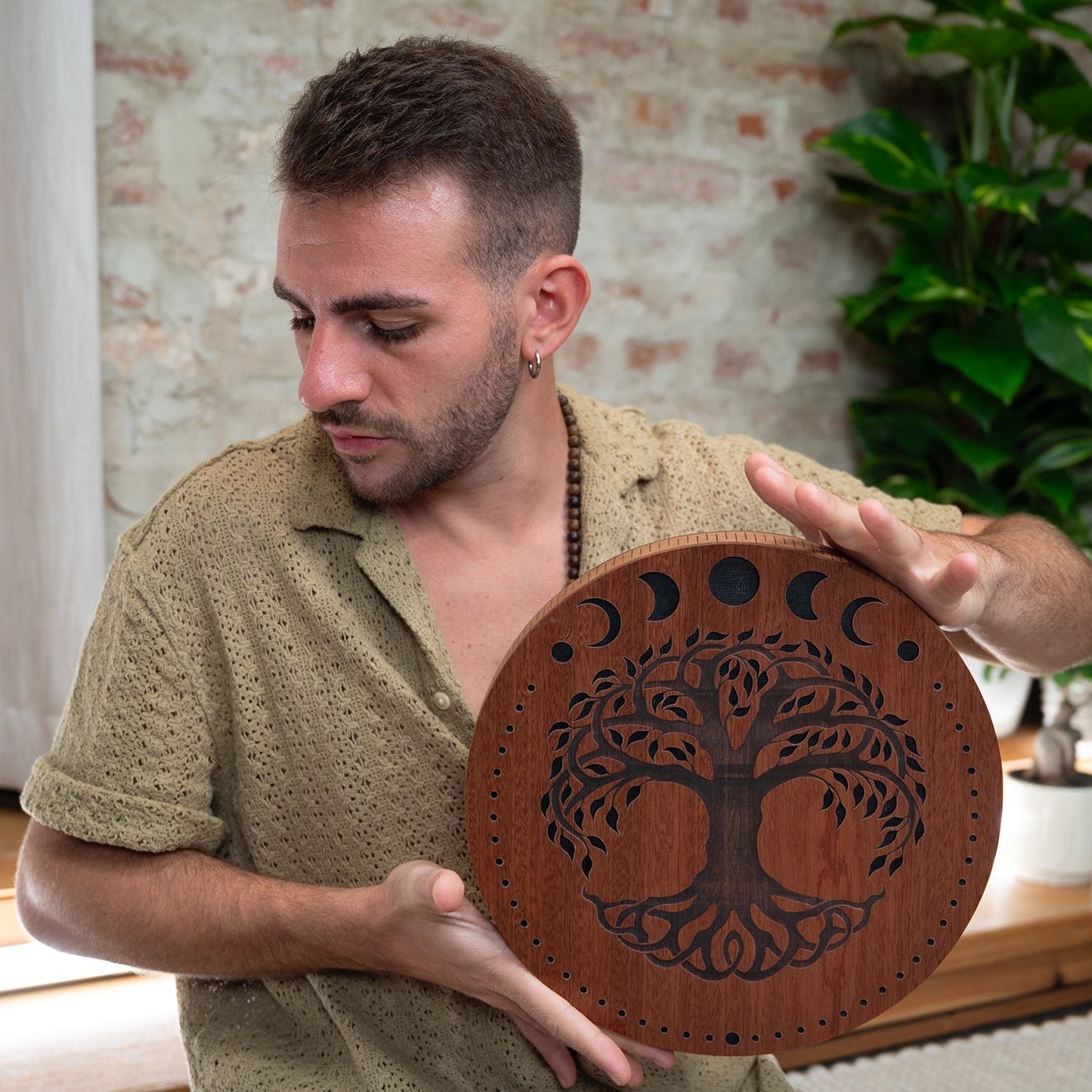 Rain Disk - Ocean Sound / Moon Phases & Tree of Life Carving - Rainmaker