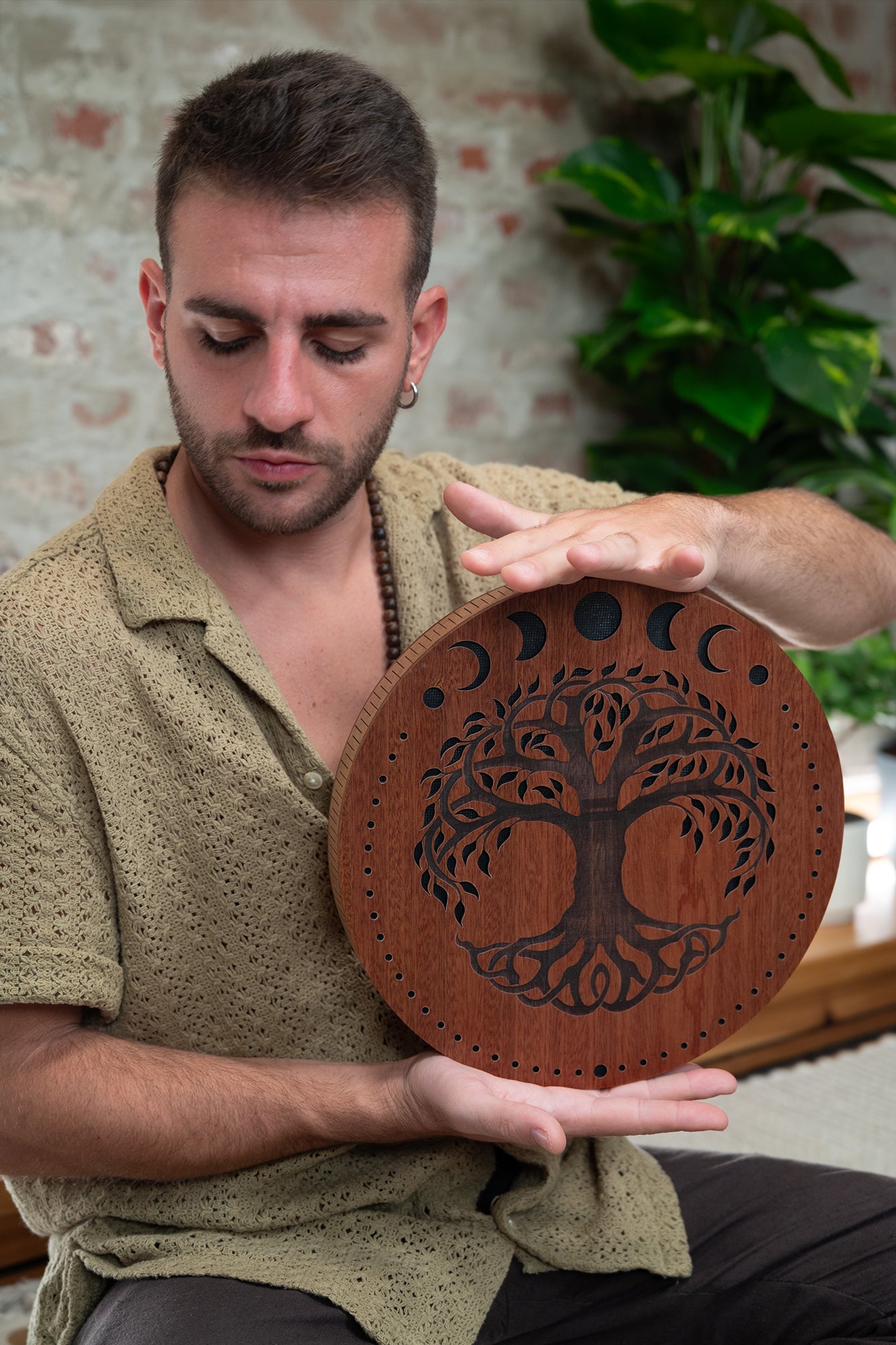 Rain Disk - Ocean Sound / Moon Phases & Tree of Life Carving - Rainmaker