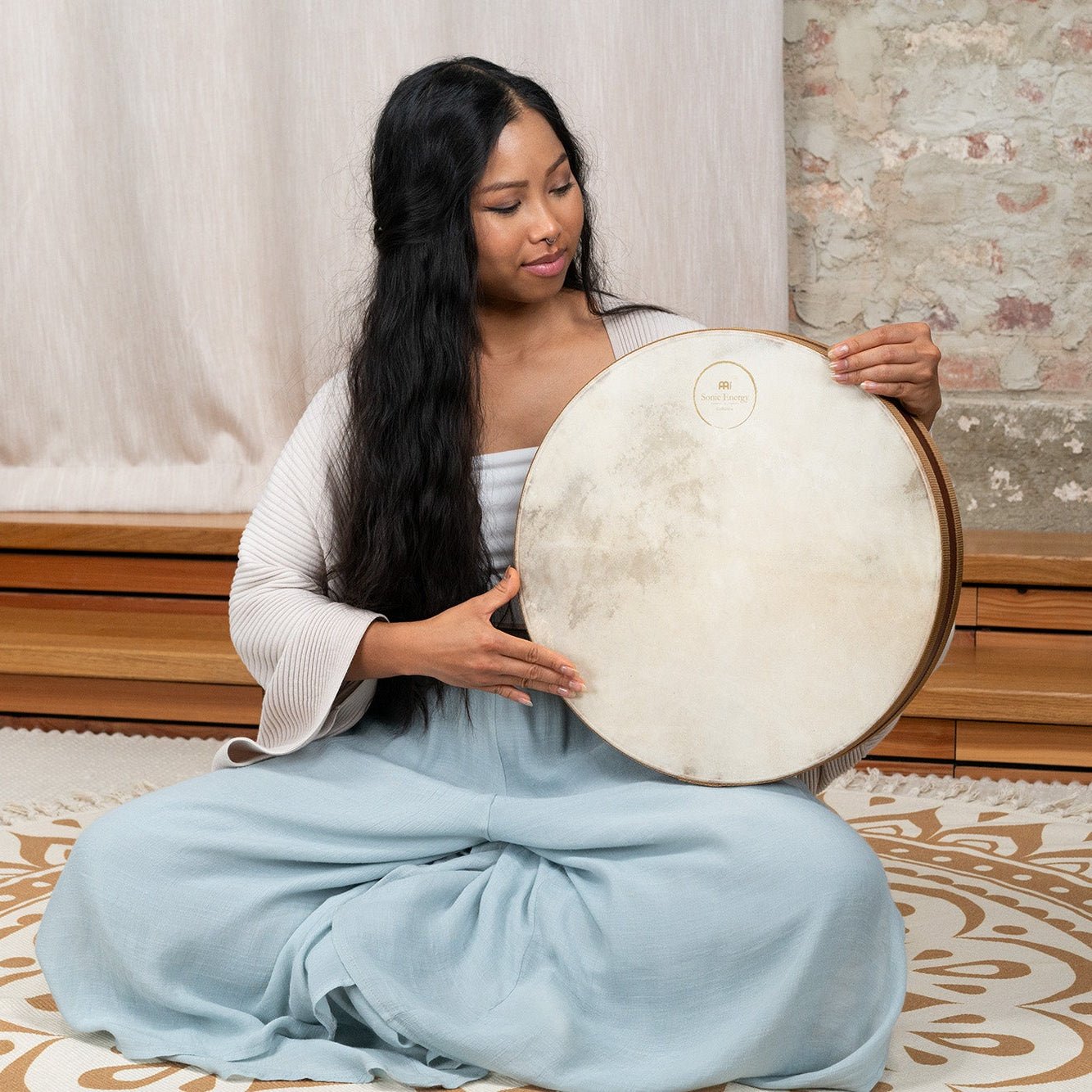 16" Flower of Life Ocean Wave Drum - Double Goat Head - Wave Drum