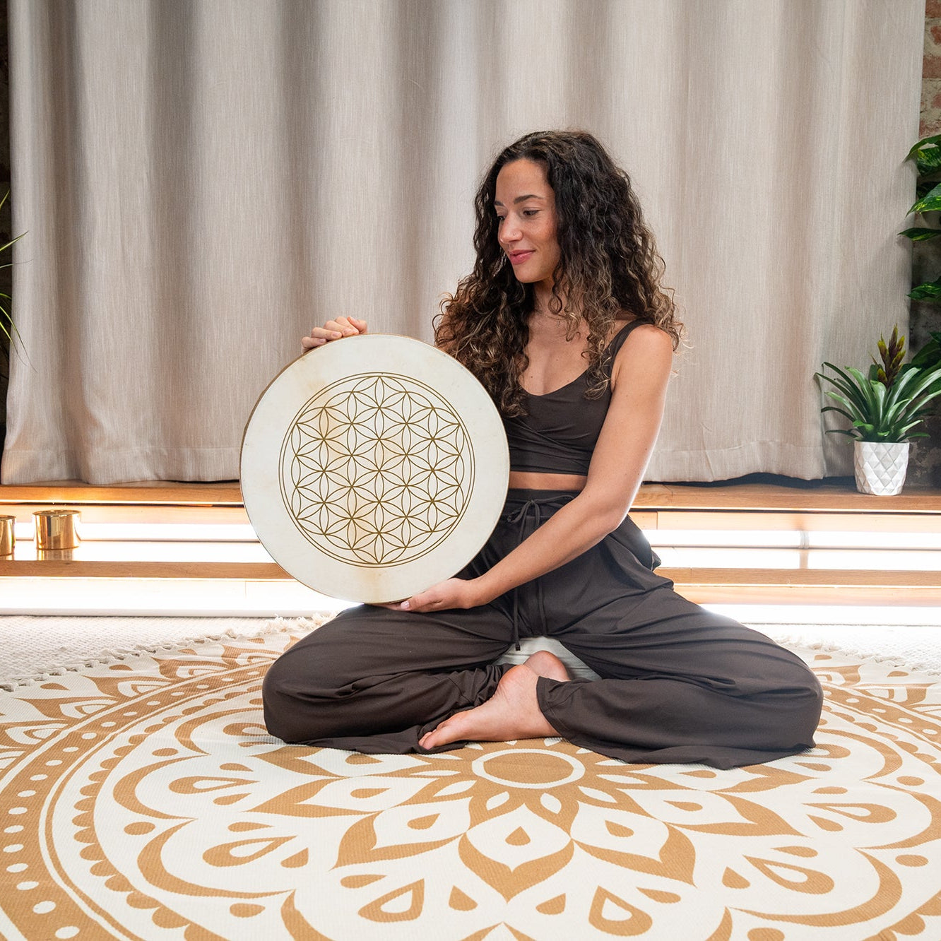 Flower of Life Ocean Wave Drum - Double Goat Head