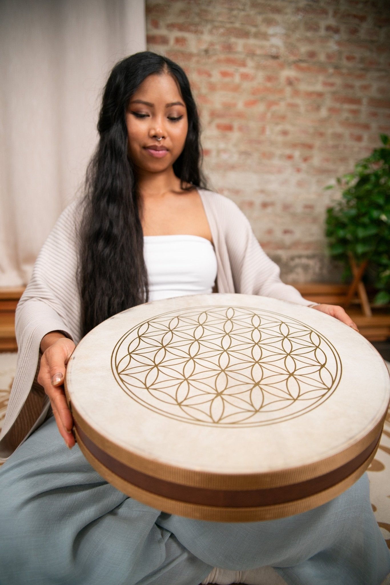 16" Flower of Life Ocean Wave Drum - Double Goat Head - Wave Drum