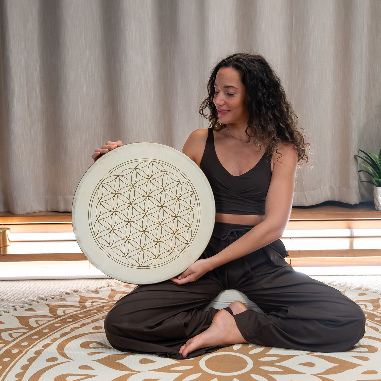 Flower of Life Ocean Wave Drum - Double Goat Head