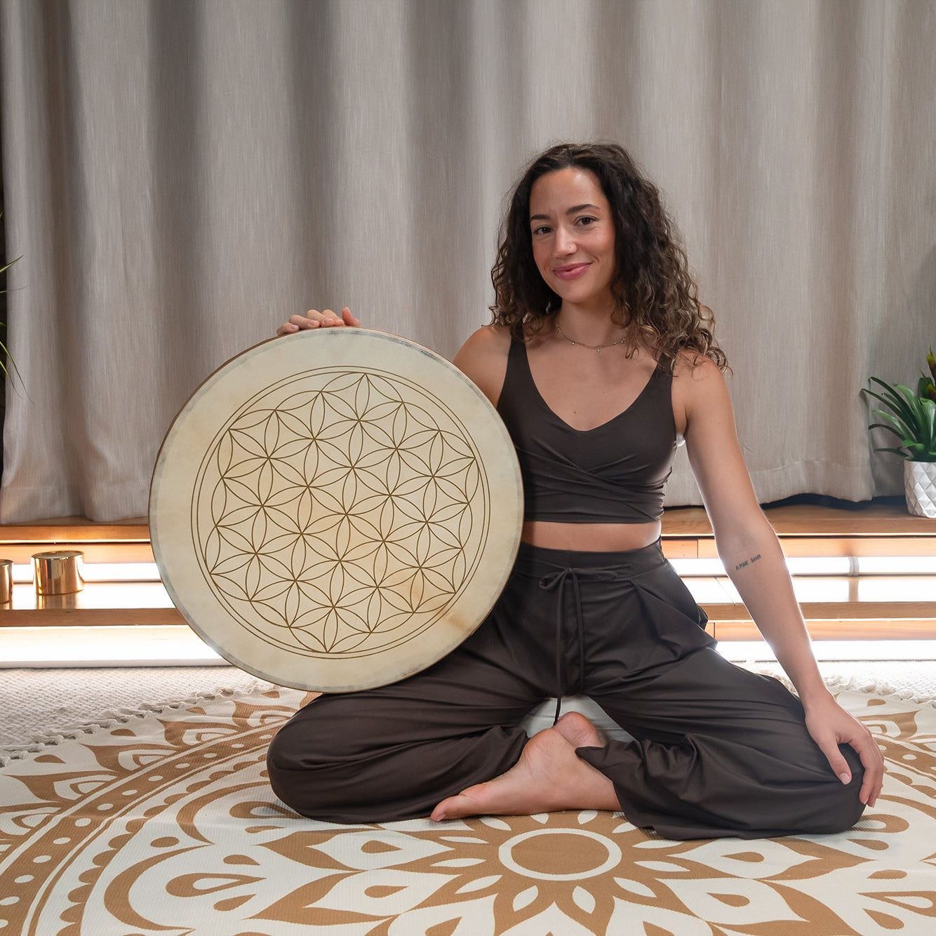 Flower of Life Ocean Wave Drum - Double Goat Head