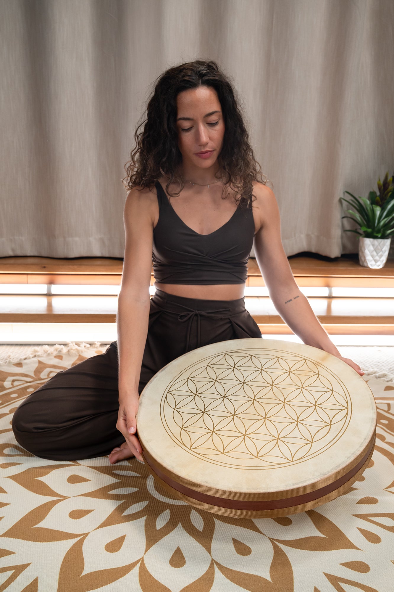 Flower of Life Ocean Wave Drum - Double Goat Head