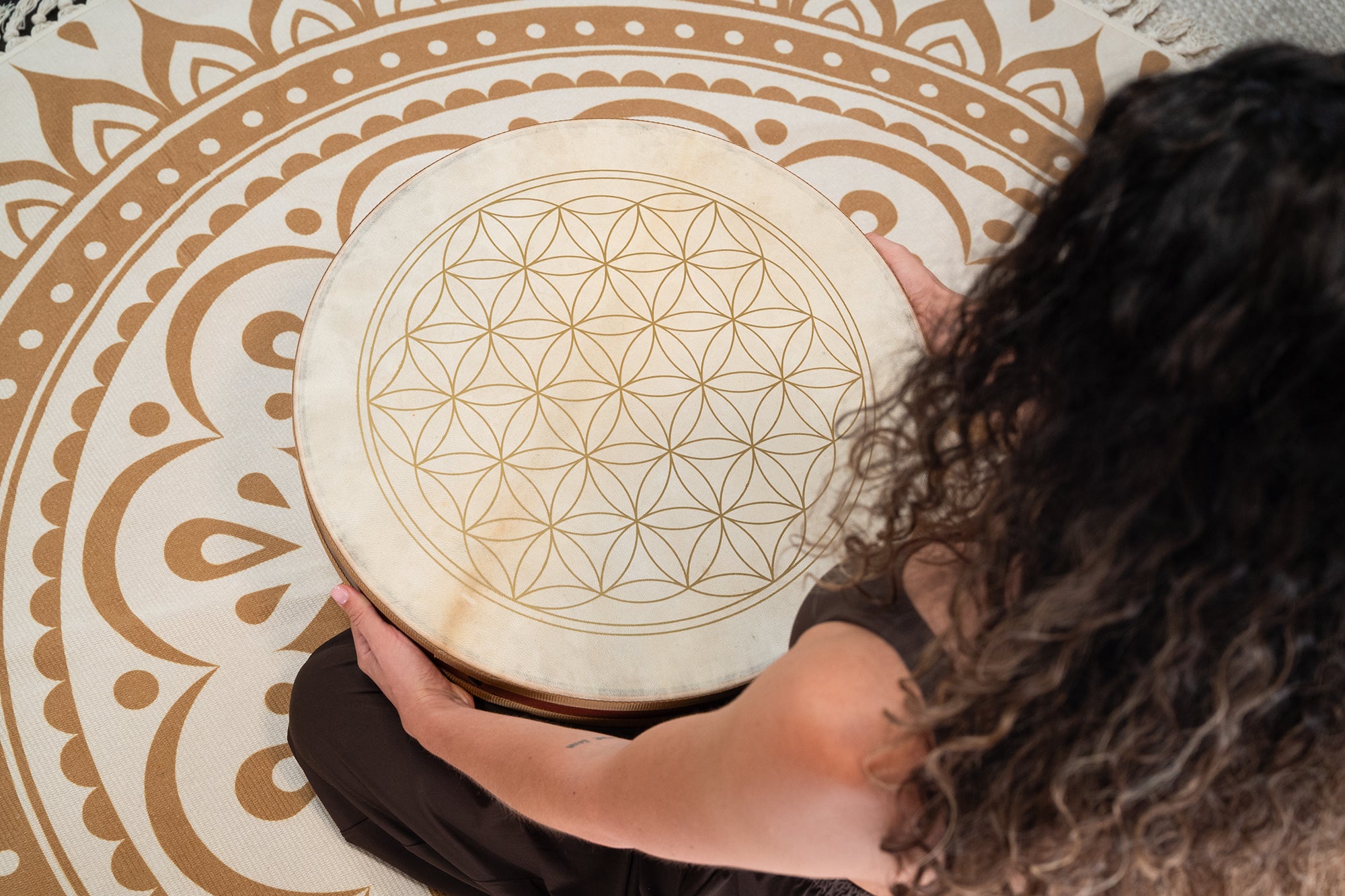 Flower of Life Ocean Wave Drum - Double Goat Head