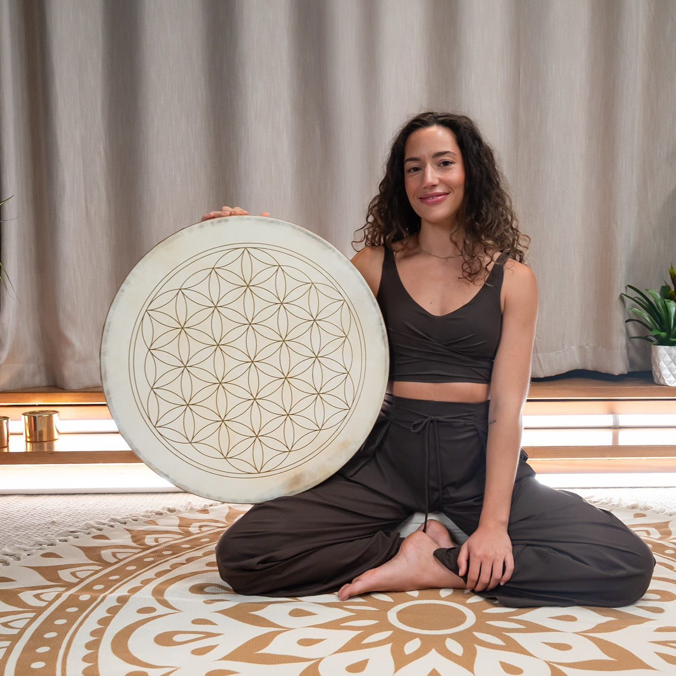 Flower of Life Ocean Wave Drum - Double Goat Head