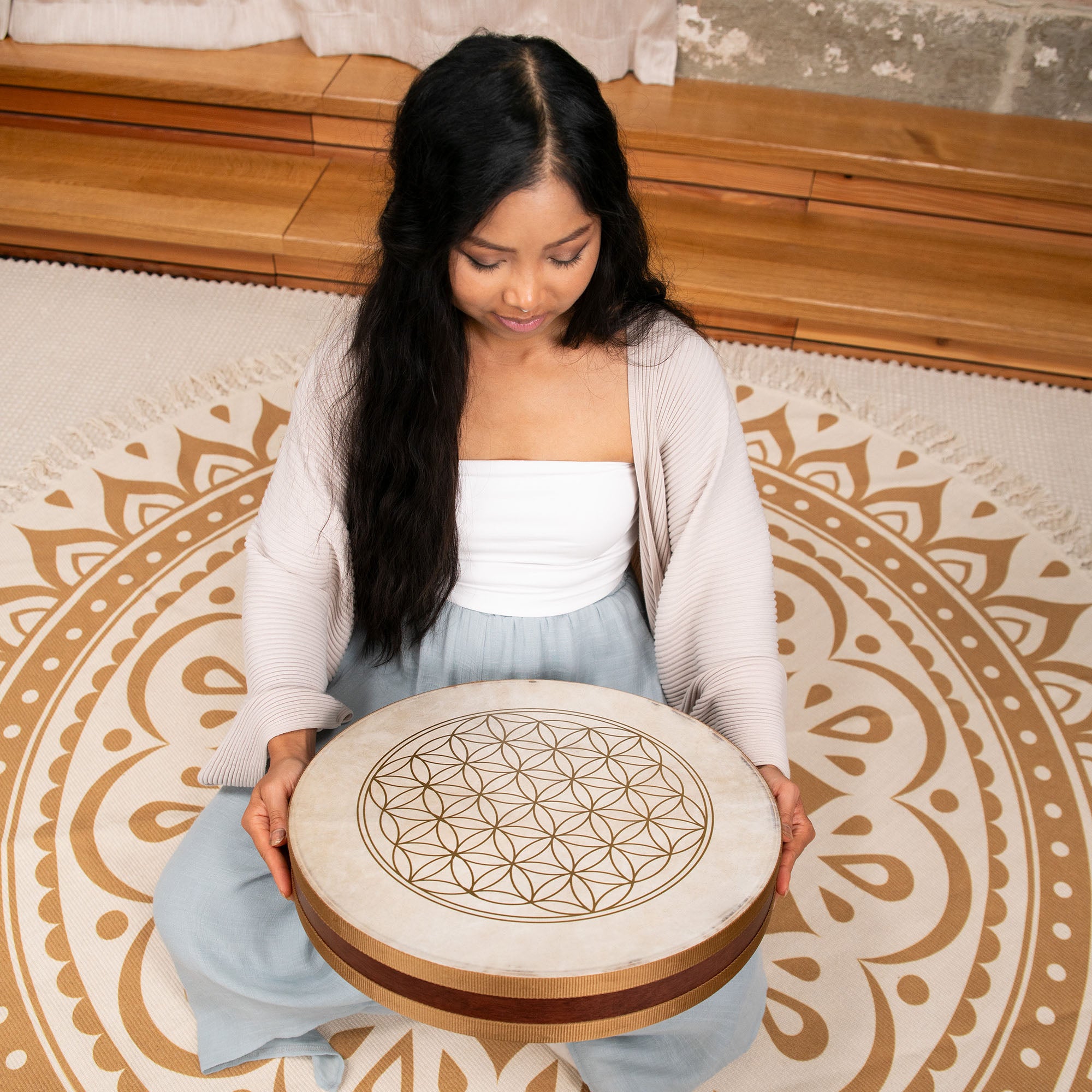 16" Flower of Life Ocean Wave Drum - Double Goat Head - Wave Drum