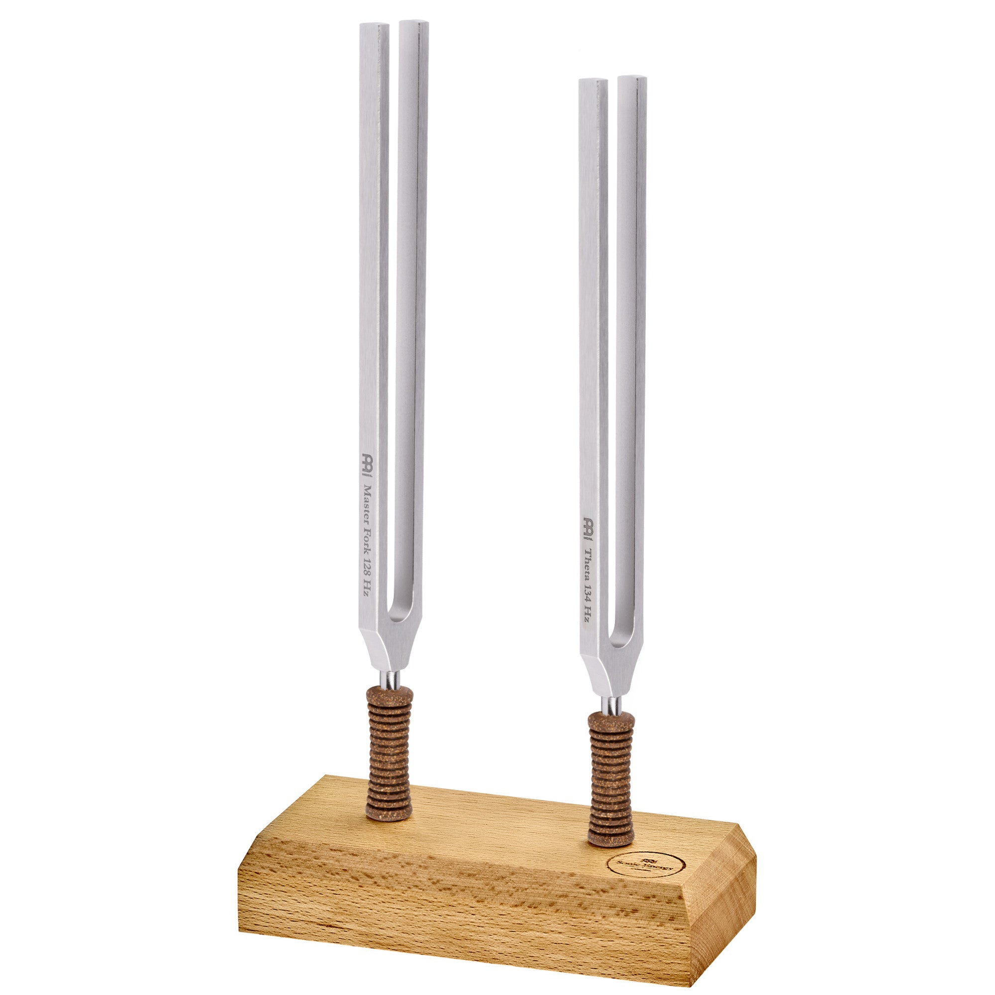 Binaural therapy tuning fork set, 128 Hz and 134 Hz, with wooden holder