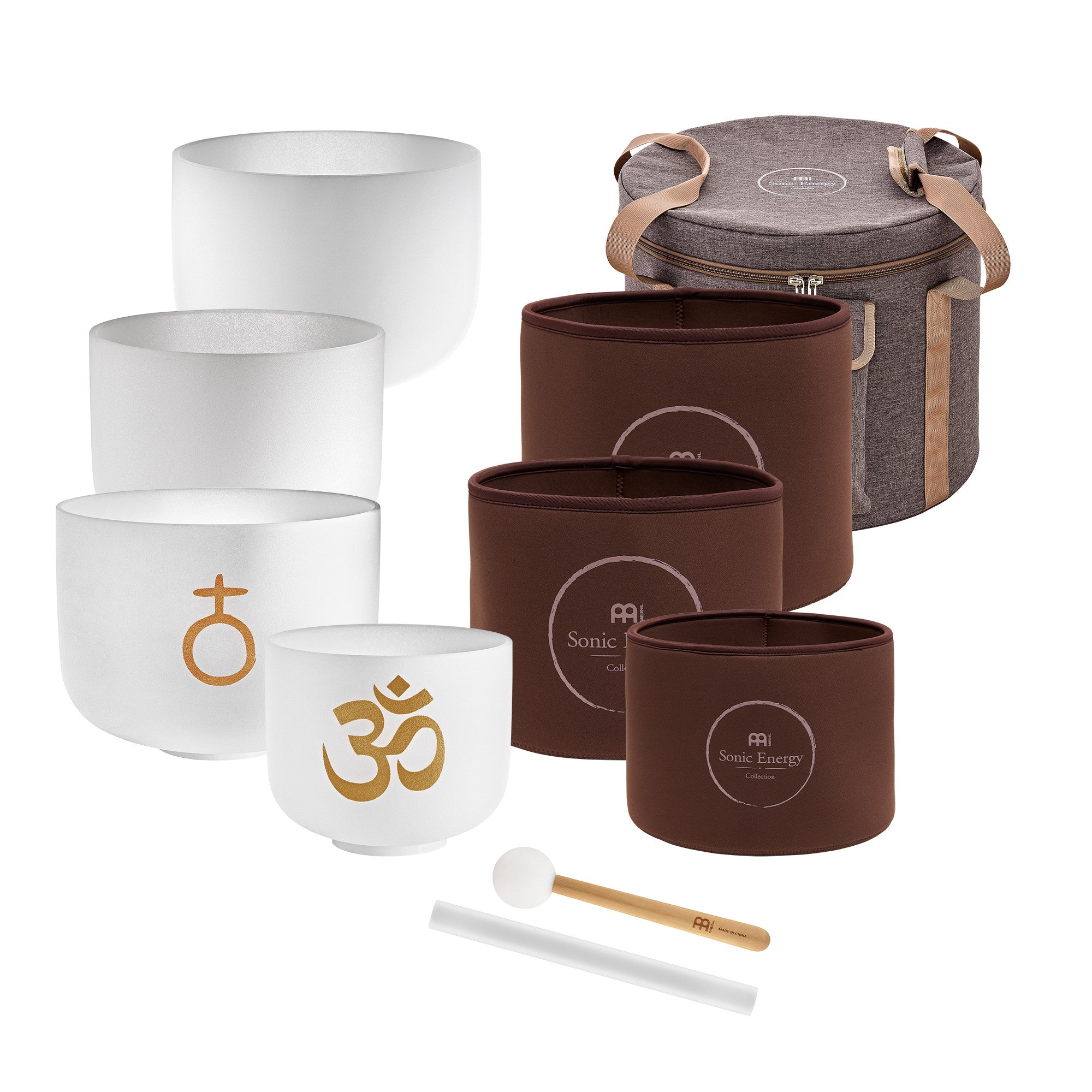 Four bowl Om crystal singing bowl set with carrying bag, sleeves and rods