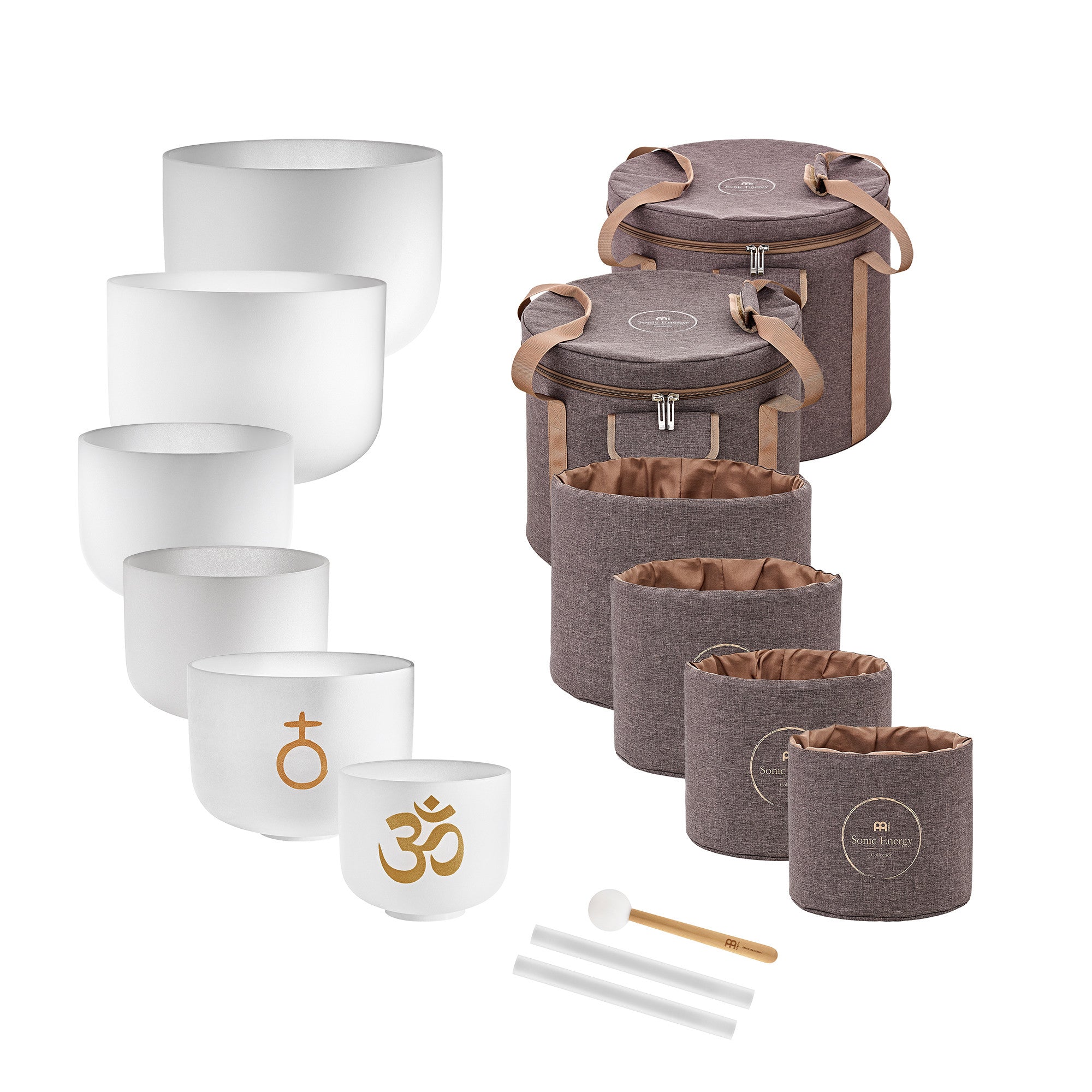 Six bowl Om crystal singing bowl set with two carrying bags and sleeves