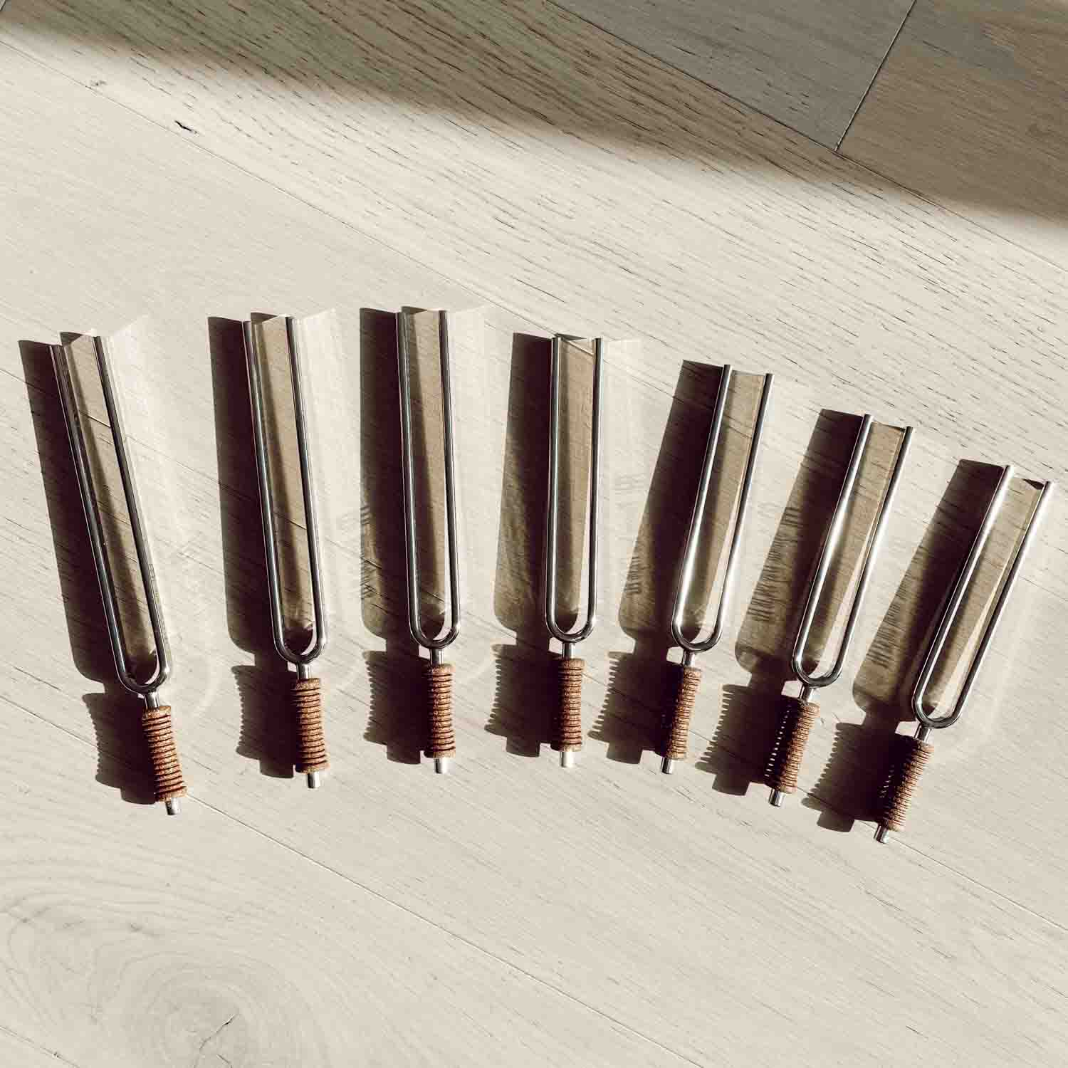 7 Chakra Set Tuning Forks with Rollup Bag & Vibrational Foot - Standard