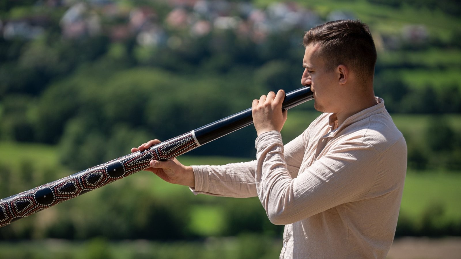 Dual Didgeridoo Dot-Painted E - Solar Plexus Navel Chakra - Sliced Pro Didgeridoo