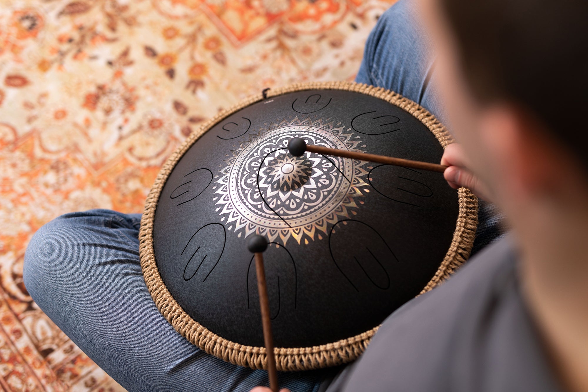 16" Octave Steel Tongue Drum, D Kurd, Black, Engraved floral design - Percussion