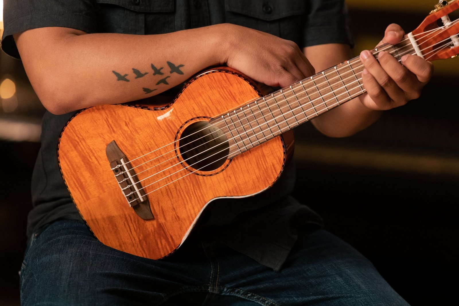backpacking mini guitar Ortega Guitars RGLE18FMH Mini/Travel Series A/E Guitarlele