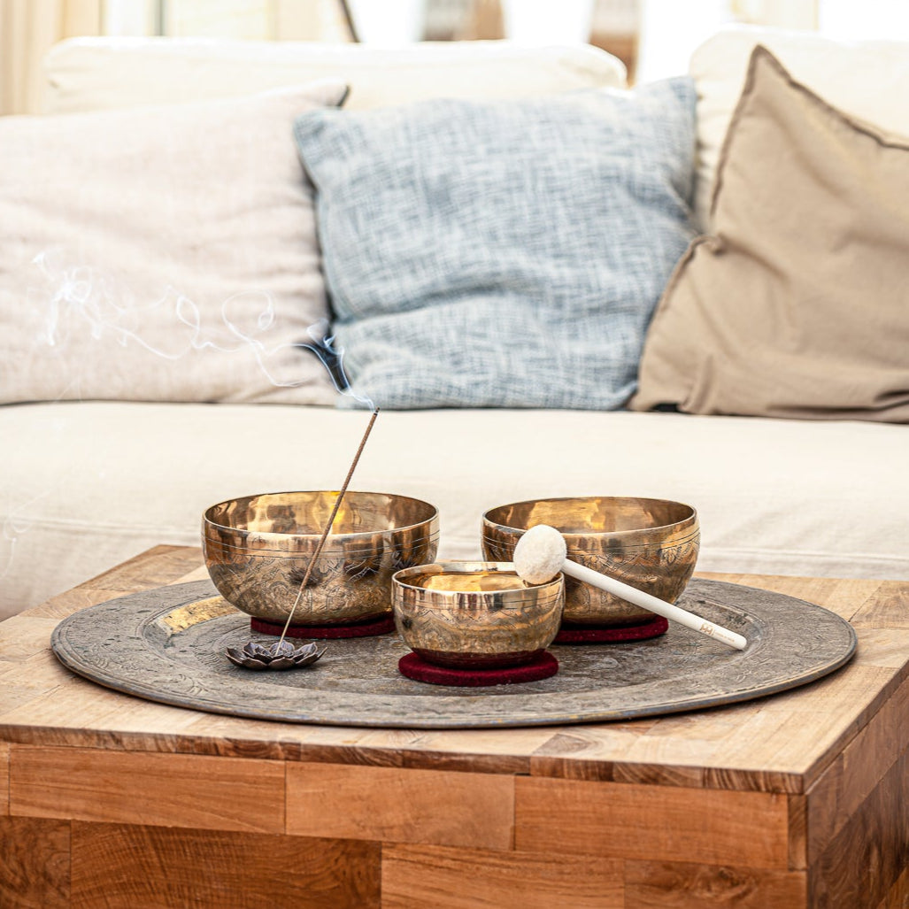 Engraved Singing Bowl Set - 3 Handmade Sound Healing Bowls - Special Engraved Series Singing Bowl Set
